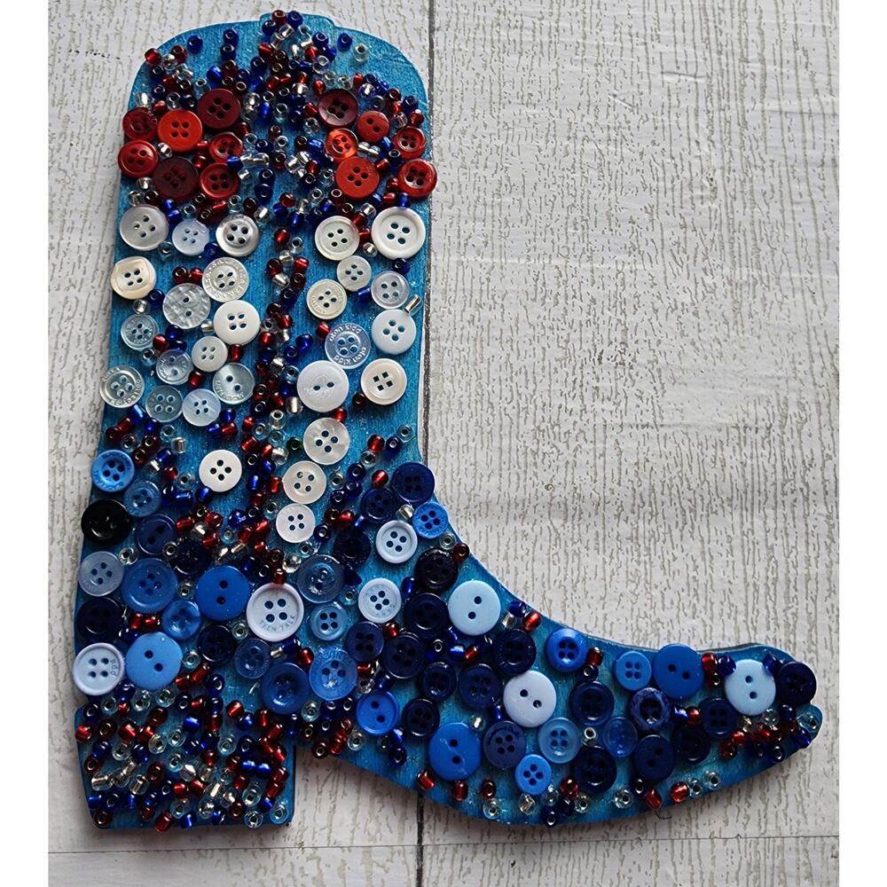 Handmade Cowboy Boot Red White Blue Button Art